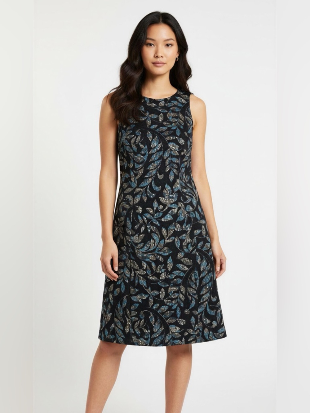Maggy London Black Dress with Blue and Cream Leaf Pattern Size 8